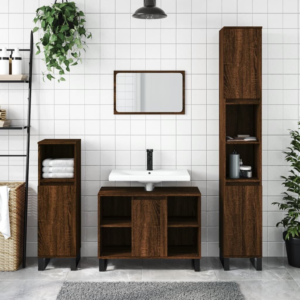 vidaXL 3-osainen Kylpyhuoneen kalustesarja ruskea tammi tekninen puu hinta ja tiedot | Kylpyhuonekalusteet | hobbyhall.fi