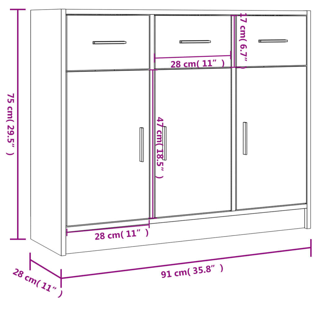 vidaXL Senkki harmaa Sonoma 91x28x75 cm tekninen puu hinta ja tiedot | Olohuoneen kaapit ja lipastot | hobbyhall.fi