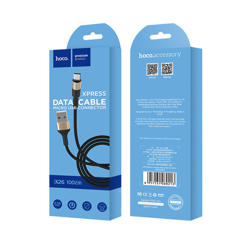 Kaapeli USB Hoco X26 microUSB 1.0 m musta -kulta hinta ja tiedot | Puhelinkaapelit | hobbyhall.fi