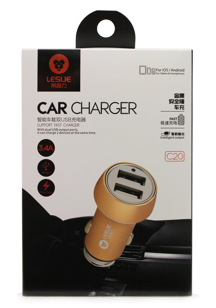 Car charger Leslie C20 Metal with 2 USB 3.4A gold hinta ja tiedot | Puhelimen laturit | hobbyhall.fi