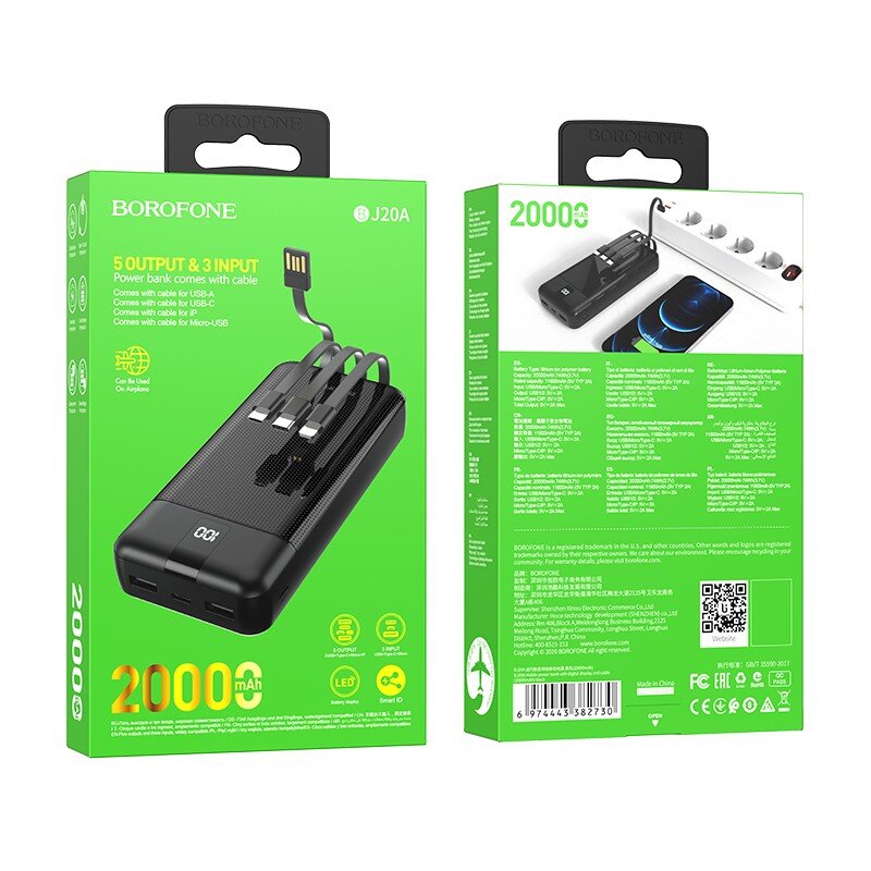 Ulkoinen Akku Power Bank Borofone BJ20A 5 Output 3 Input 20000 mAh musta hinta ja tiedot | Varavirtalähteet | hobbyhall.fi