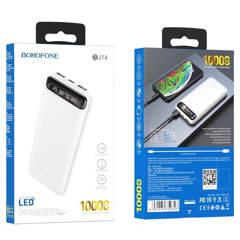 Ulkoinen Akku Power Bank Borofone BJ14 Type-C microUSB 2*USB (2 A) 10000 mAh valkoinen hinta ja tiedot | Varavirtalähteet | hobbyhall.fi