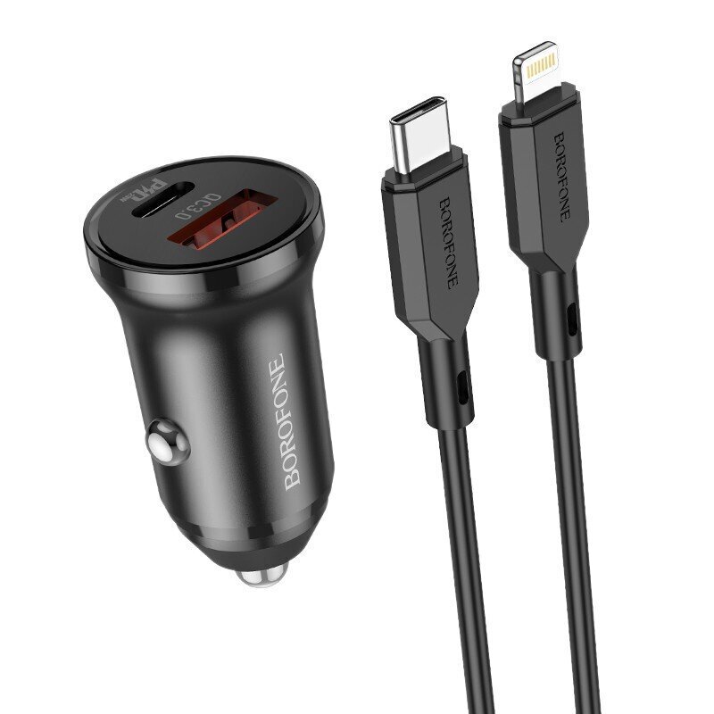 Auton laturiBorofone BZ18A USB-A/Type-C PD20W+QC3.0 + Lightning musta hinta ja tiedot | Puhelimen laturit | hobbyhall.fi