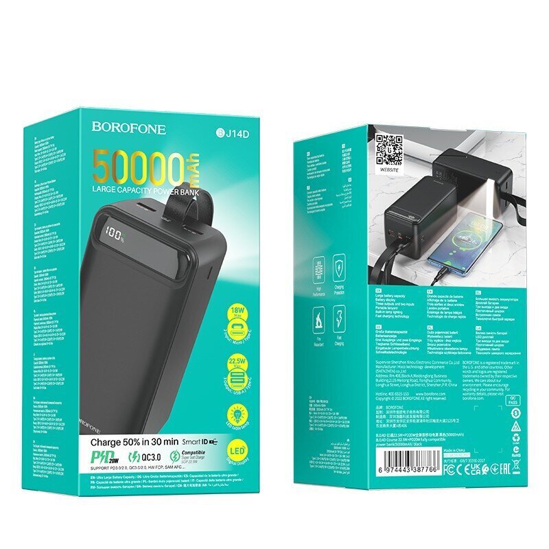 Ulkoinen Akku Power Bank Borofone BJ14D Course 22.5W+PD20W 50000 mAh musta hinta ja tiedot | Varavirtalähteet | hobbyhall.fi