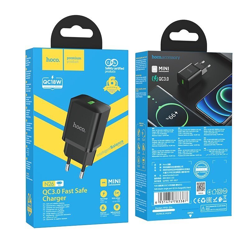 Laturi Hoco N26 USB-A Quick Lataa 3.0 18W musta hinta ja tiedot | Puhelimen laturit | hobbyhall.fi