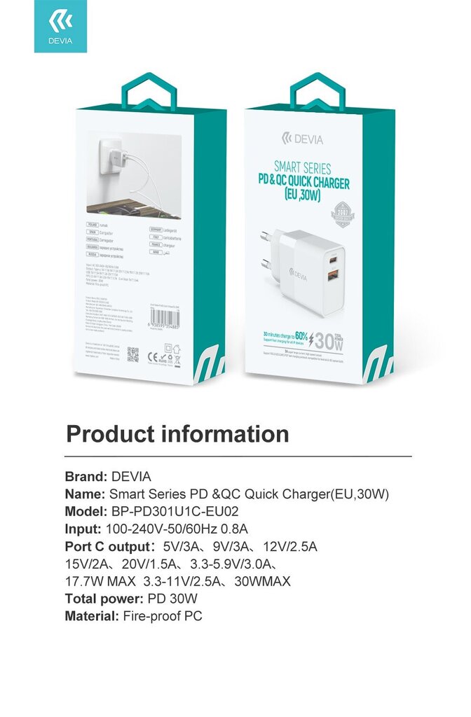 Laturi Devia Smart PD+QC USB-A+Type-C 30W valkoinen hinta ja tiedot | Puhelimen laturit | hobbyhall.fi