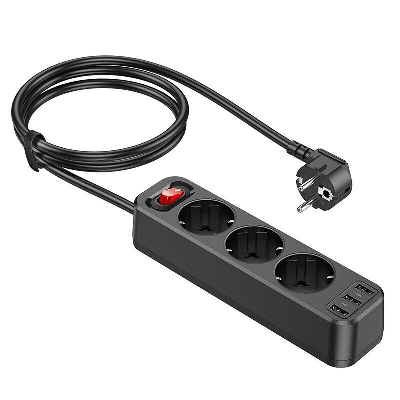 Jatkojohto Hoco NS2 Aura 3 sockets + 3xUSB-A 1.8m musta hinta ja tiedot | Jatkojohdot ja kaapelikelat | hobbyhall.fi