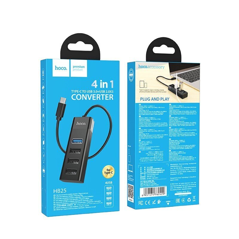 USB-keskitin Hoco HB25 Easy mix 4-in-1 converter Type-C kiinni 1xUSB3.0+3xUSB2.0 musta hinta ja tiedot | Adapterit | hobbyhall.fi