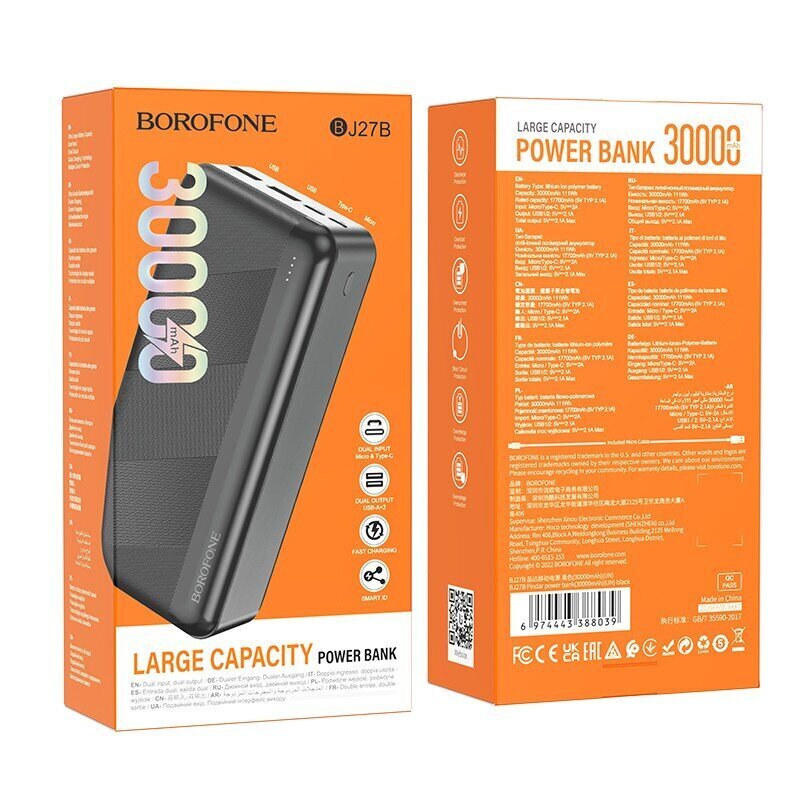 Ulkoinen Akku Power Bank Borofone BJ27B 2xUSB 30000 mAh musta hinta ja tiedot | Varavirtalähteet | hobbyhall.fi