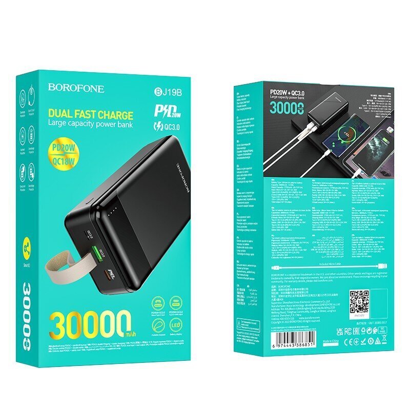 Ulkoinen Akku Power Bank Borofone BJ19B PD20W+QC3.0 30000 mAh musta hinta ja tiedot | Varavirtalähteet | hobbyhall.fi