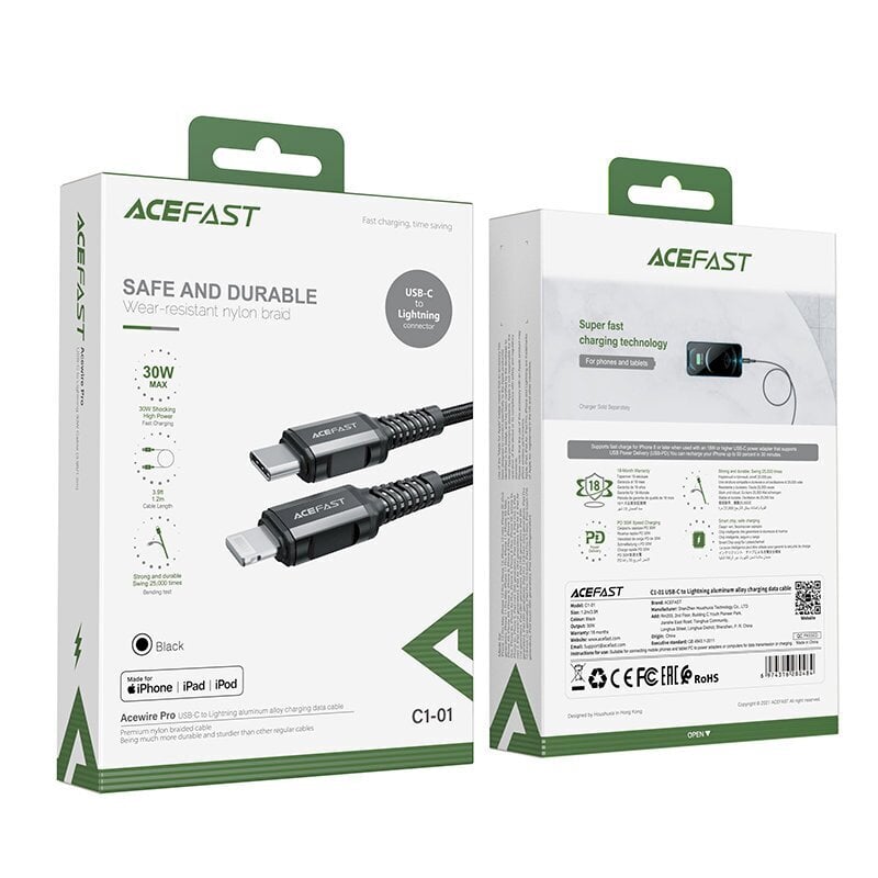 Kaapeli USB Acefast C1-01 MFi PD30W USB-C to Lightning 1.2 m musta hinta ja tiedot | Puhelinkaapelit | hobbyhall.fi