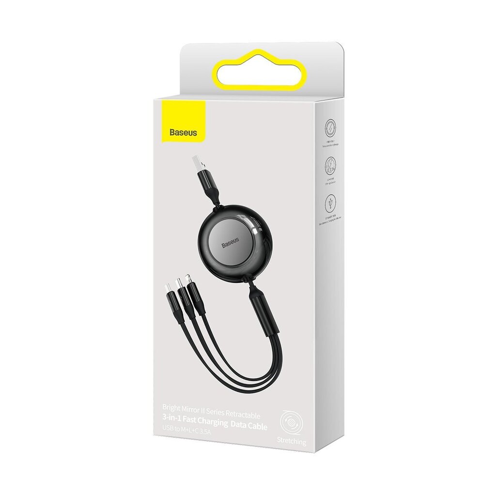 Kaapeli USB Baseus Bright Mirror 2 USB-A to MicroUSB/Type-C/Lightning 3.5A 1.1m musta CAMJ010001 hinta ja tiedot | Puhelinkaapelit | hobbyhall.fi