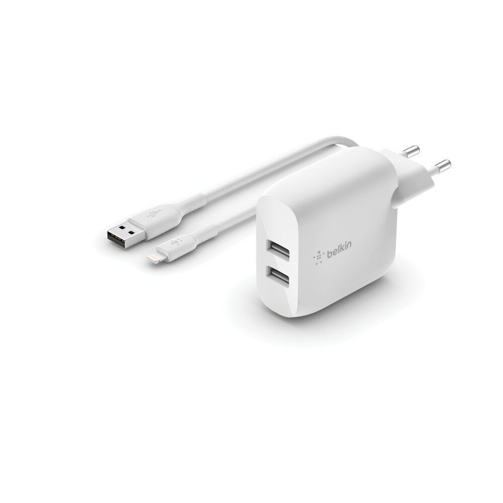 Belkin Boost Lataa Dual USB-A Wall Laturi 24W + Lightning to USB-A Kaapeli valkoinen hinta ja tiedot | Puhelimen laturit | hobbyhall.fi