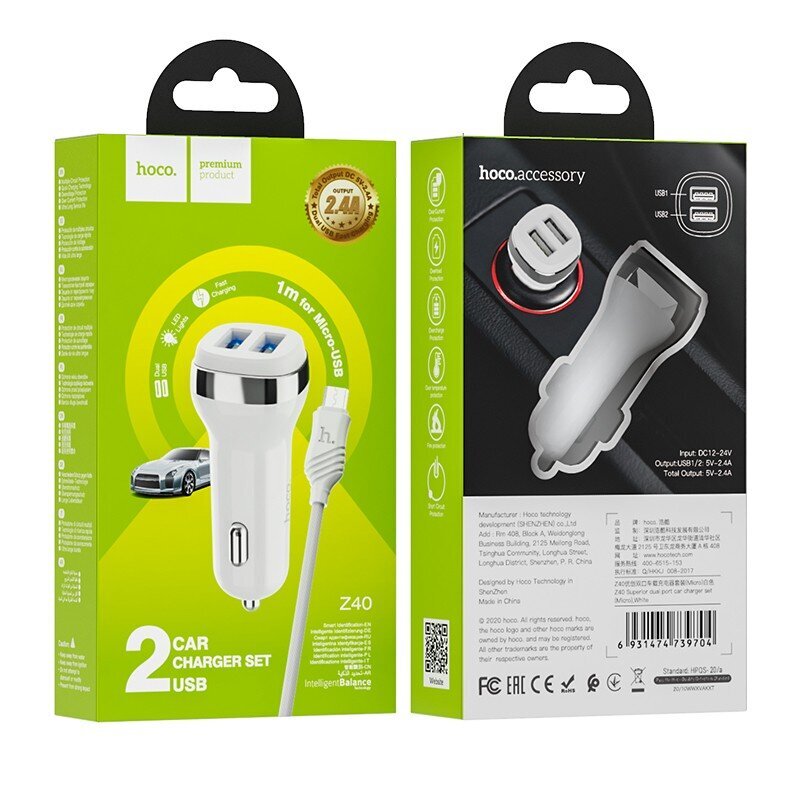 Auton laturi Hoco Z40 Superior Dual Port + MicroUSB valkoinen hinta ja tiedot | Puhelimen laturit | hobbyhall.fi