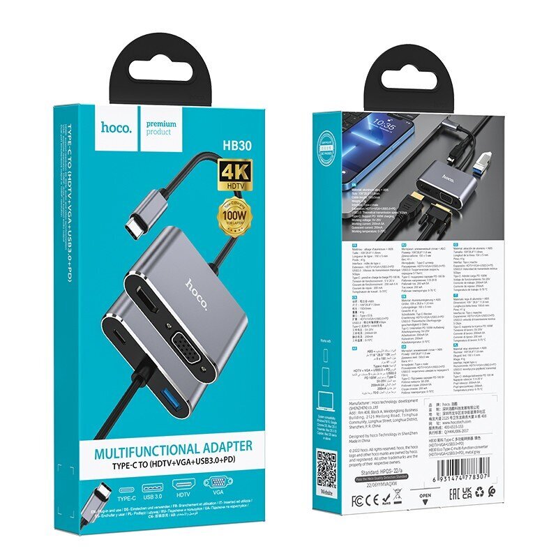 Adapteri Hoco HB30 Type-C kiinni HDMI+VGA+USB-A3.0+Type-C harmaa hinta ja tiedot | Adapterit | hobbyhall.fi