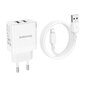 Laturi Borofone BN15 2xUSB-A + USB-A to Lightning Kaapeli 1.0 m valkoinen hinta ja tiedot | Puhelimen laturit | hobbyhall.fi