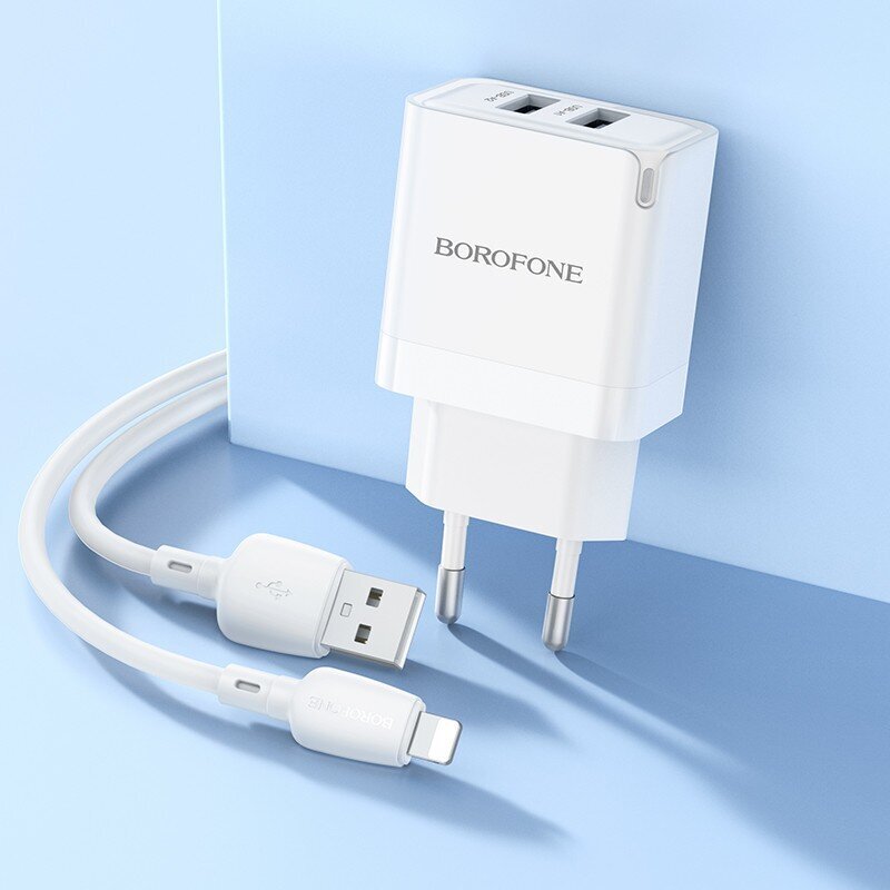 Laturi Borofone BN15 2xUSB-A + USB-A to Lightning Kaapeli 1.0 m valkoinen hinta ja tiedot | Puhelimen laturit | hobbyhall.fi
