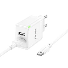 Laturi Borofone BN15 2xUSB-A + USB-A to USB-C Kaapeli 1.0 m valkoinen hinta ja tiedot | Puhelimen laturit | hobbyhall.fi