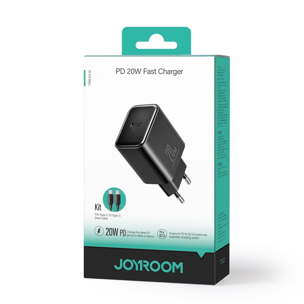 Charger Joyroom JR-TCF06 USB-C PD20W + USB-C to USB-C 1.0m cable black hinta ja tiedot | Puhelimen laturit | hobbyhall.fi