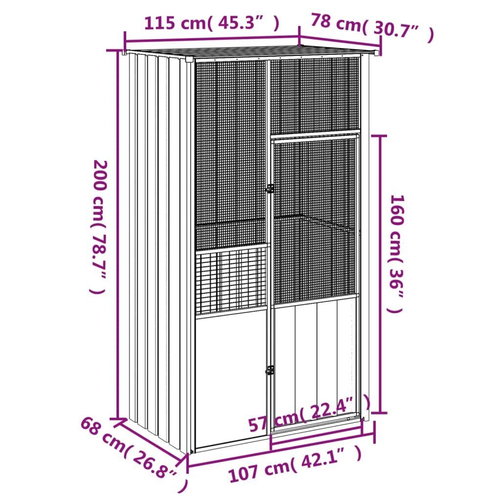 vidaXL Lintuhäkki antrasiitti 115x78x200 cm galvanoitu teräs hinta ja tiedot | Lintulaudat ja lintuhäkit | hobbyhall.fi