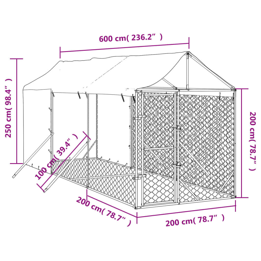 vidaXL Koiran ulkohäkki katolla hopea 2x14x2,5 m galvanoitu teräs hinta ja tiedot | Kuljetushäkit ja kuljetuslaatikot | hobbyhall.fi