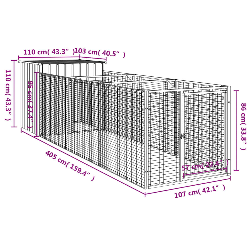 vidaXL Koirankoppi/ulkotila antrasiit. 110x405x110 cm galvanoitu teräs hinta ja tiedot | Pedit ja pesät | hobbyhall.fi