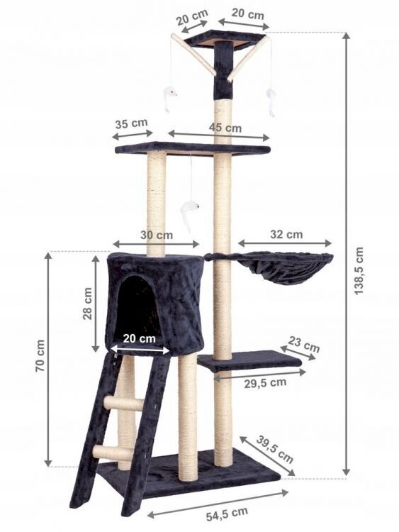 Kissan raapimispiste, jossa on talo ja lelu, 138 cm., harmaa hinta ja tiedot | Raapimispuut ja kiipeilypuut | hobbyhall.fi