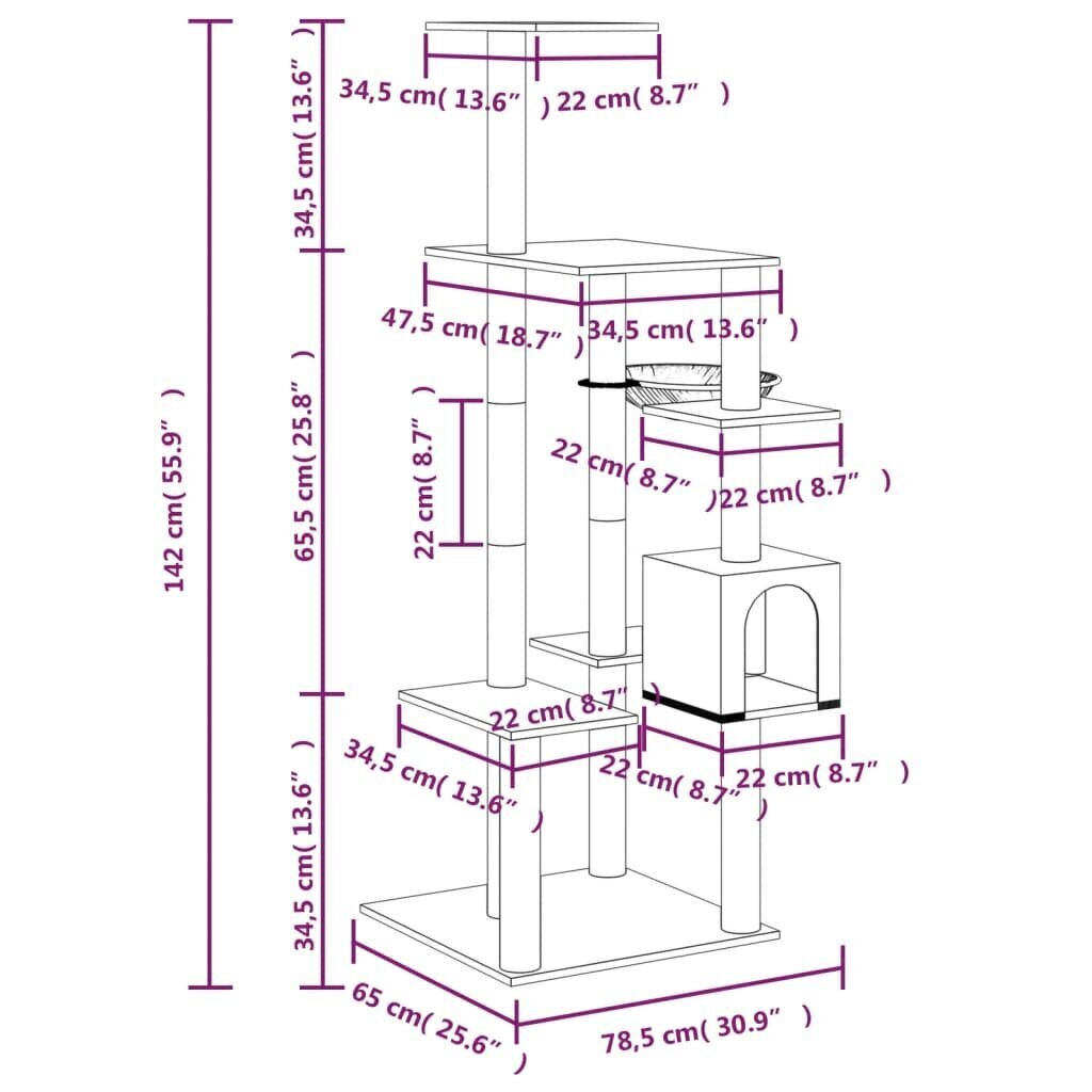 vidaXL Kissan kiipeilypuu sisal- raapimispylväillä kerma 142 cm hinta ja tiedot | Raapimispuut ja kiipeilypuut | hobbyhall.fi