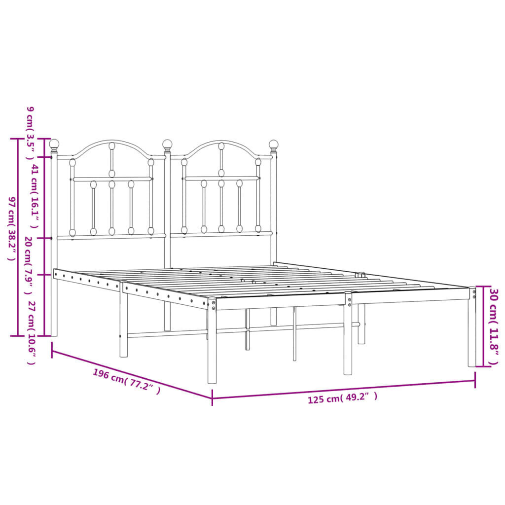 vidaXL Metallinen sängynrunko päädyllä valkoinen 120x190 cm hinta ja tiedot | Sängyt | hobbyhall.fi