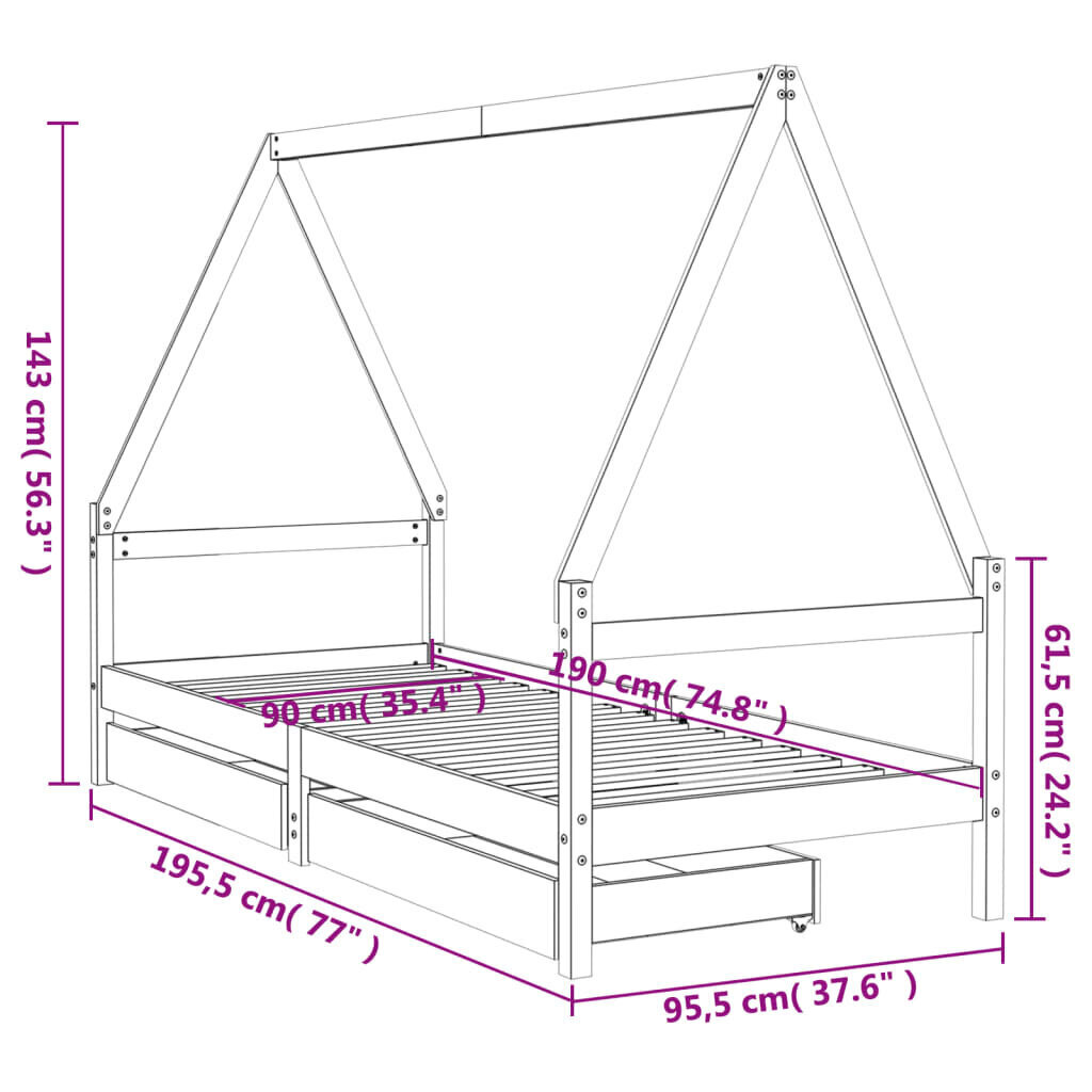 vidaXL Lasten sängynrunko laatikoilla valkoinen 90x190 cm täysi mänty hinta ja tiedot | Lastensängyt | hobbyhall.fi