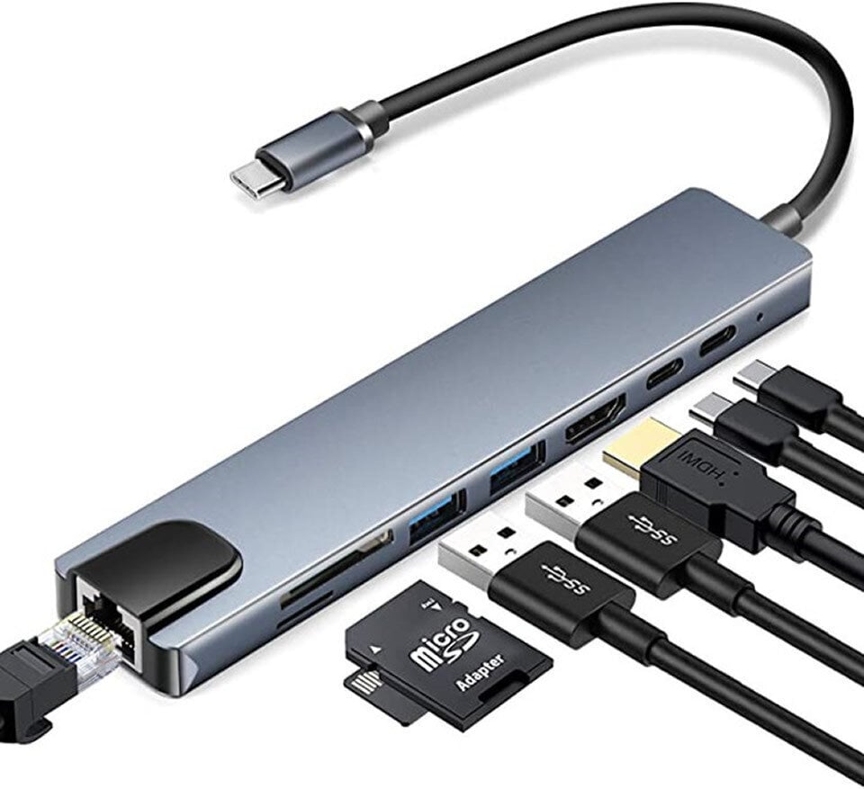 8in1 USB C x2 / USB 3.0 x2 / RJ45 / HDMI / SD-kortinlukija / TF-kortinlukija hinta ja tiedot | Adapterit | hobbyhall.fi