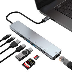 8in1 USB C x2 / USB 3.0 x2 / RJ45 / HDMI / SD-kortinlukija / TF-kortinlukija hinta ja tiedot | Hub Tietokoneet ja pelaaminen | hobbyhall.fi