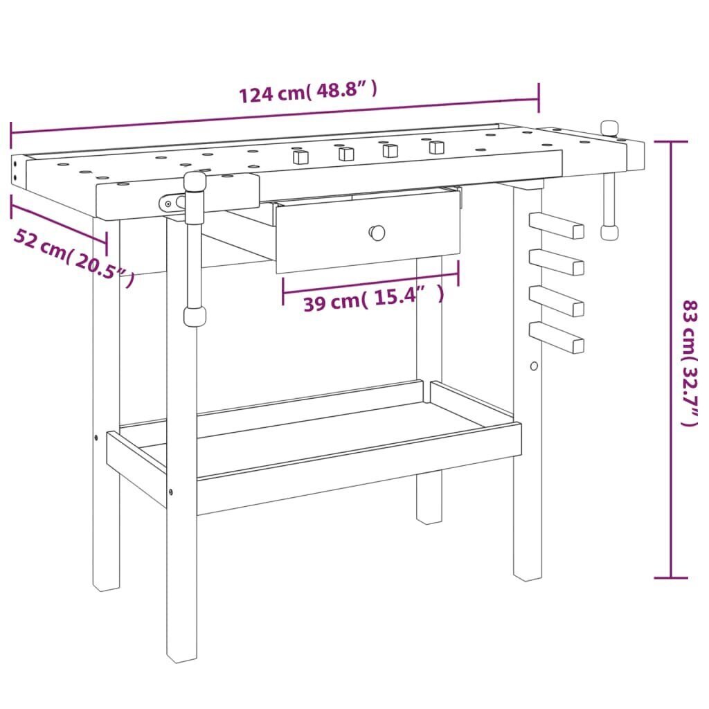 vidaXL Työpenkki ruuvipuristimilla 124x52x83 cm täysi akasiapuu hinta ja tiedot | Käsityökalut | hobbyhall.fi