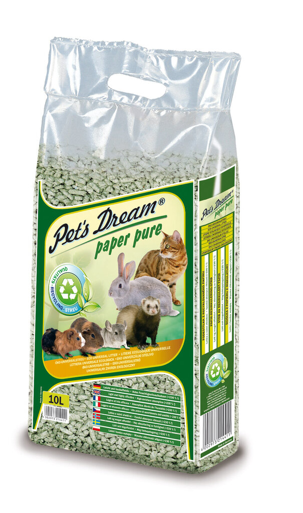 Pet's Dream Paper Pure kierrätetystä paperista valmistettu lemmikkien kuivike 10L hinta ja tiedot | Pieneläinten heinät ja kuivikkeet | hobbyhall.fi