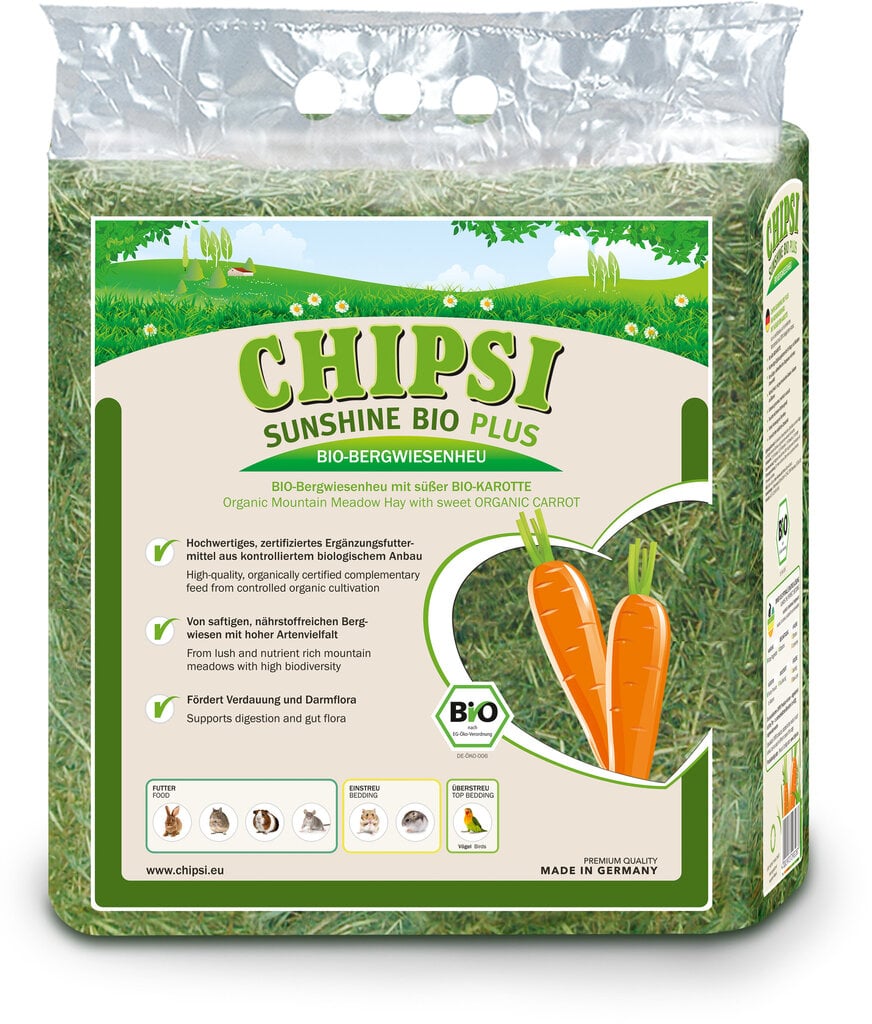 Chipsi Sunshine Bio Nature + Carrot heinä 0.6kg hinta ja tiedot | Pieneläinten heinät ja kuivikkeet | hobbyhall.fi