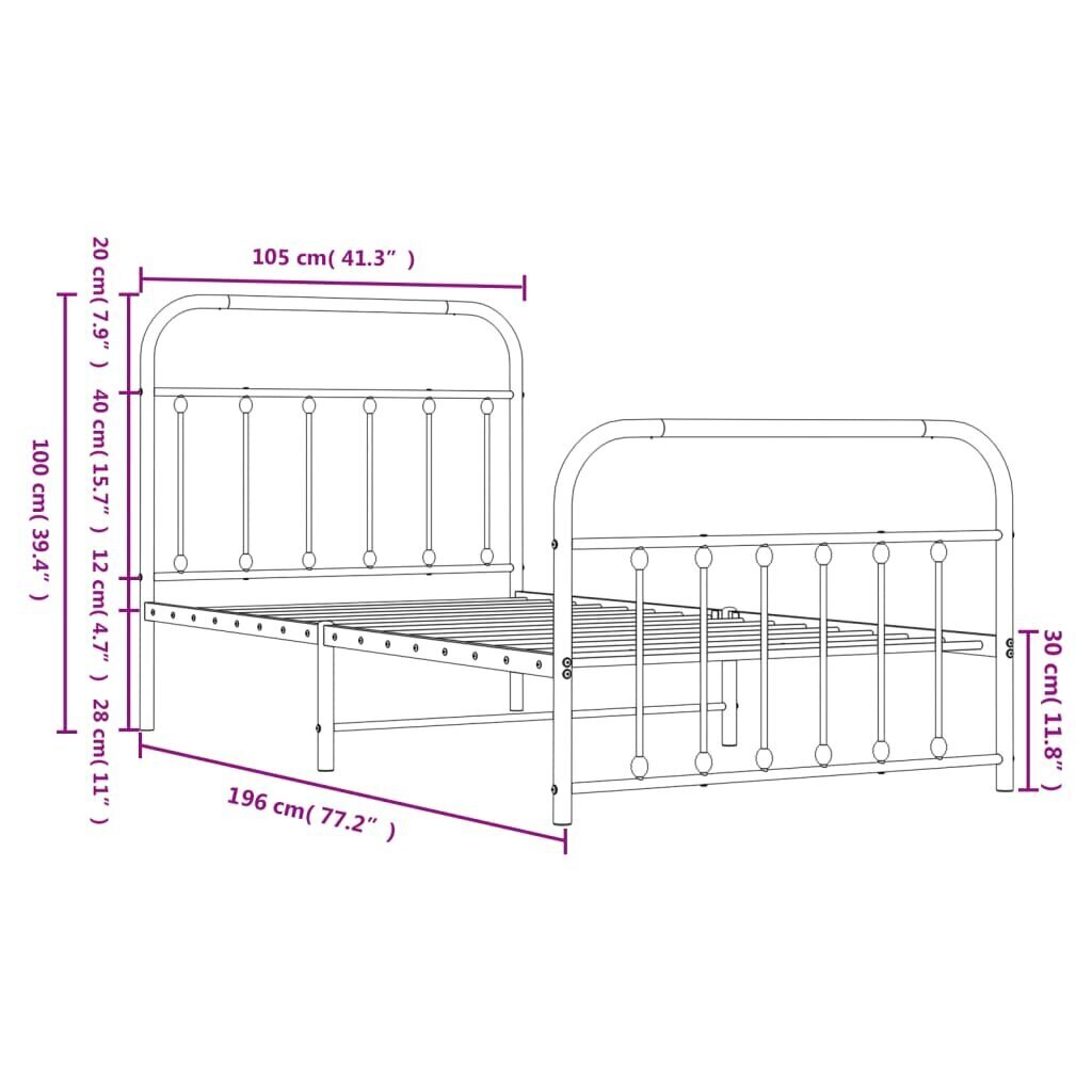 vidaXL Metallinen sängynrunko päädyillä valkoinen 100x190 cm hinta ja tiedot | Sängyt | hobbyhall.fi