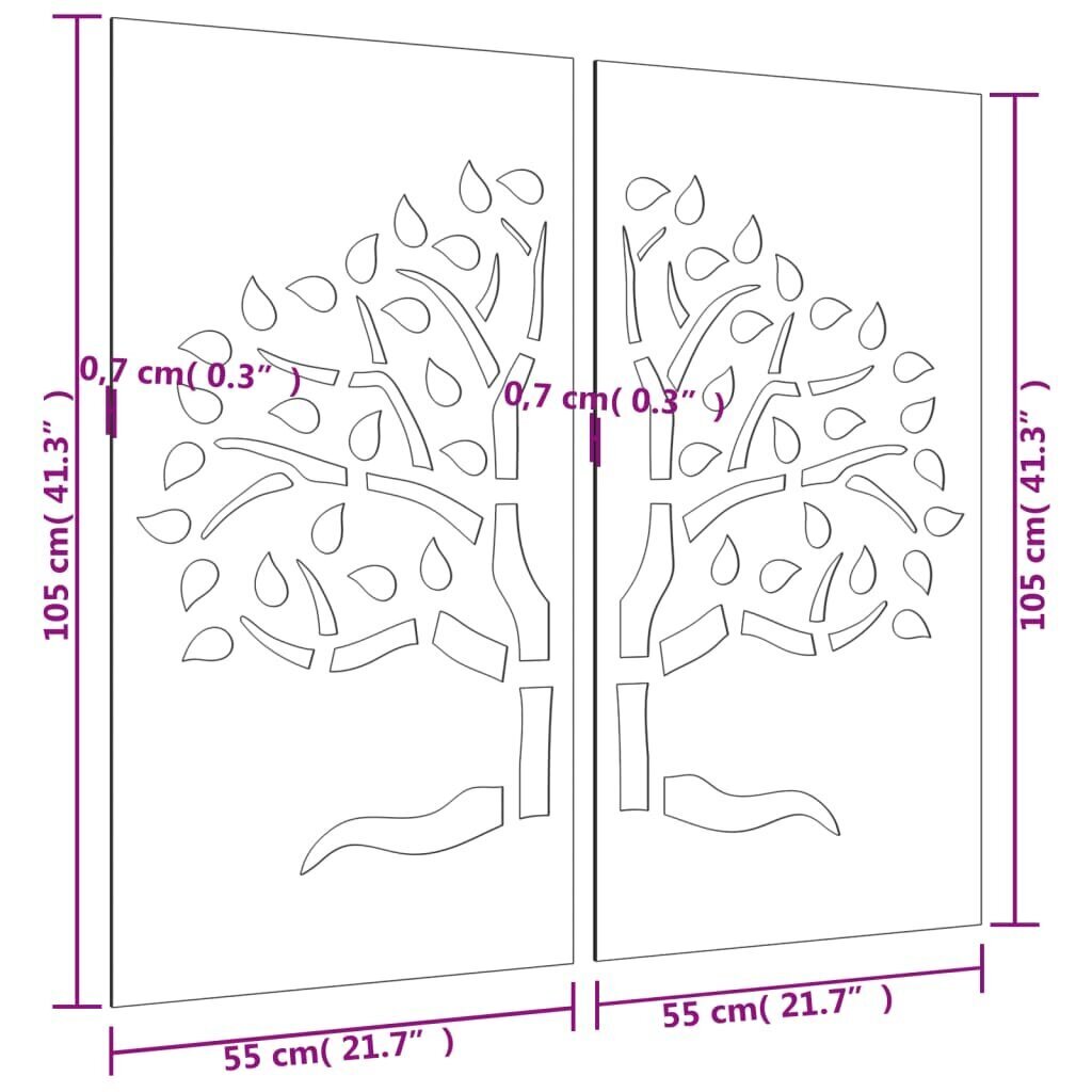 vidaXL Puutarhaseinäkoristeet 2 kpl 105x55 cm corten teräs puukuvio hinta ja tiedot | Sisustustuotteet | hobbyhall.fi