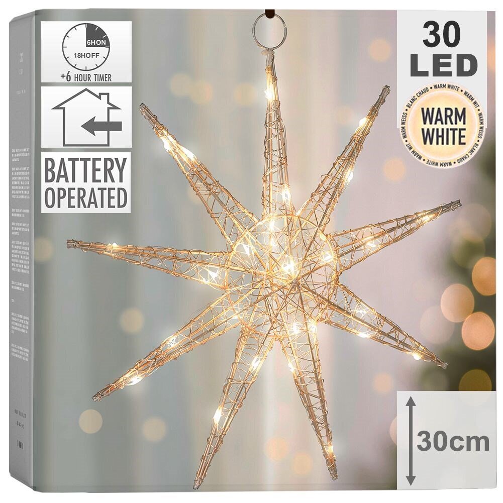 Valaistu tähti, 30 led, 30 cm, kulta hinta ja tiedot | Joulukoristeet | hobbyhall.fi