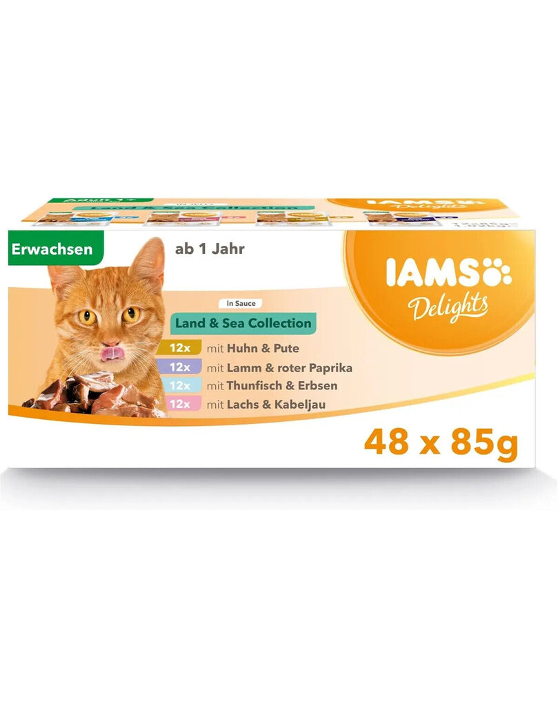 IAMS Delights Adult konservai su paukštiena, žuvimi ir ėriena, 48x85 g hinta ja tiedot | Kissanruoka | hobbyhall.fi