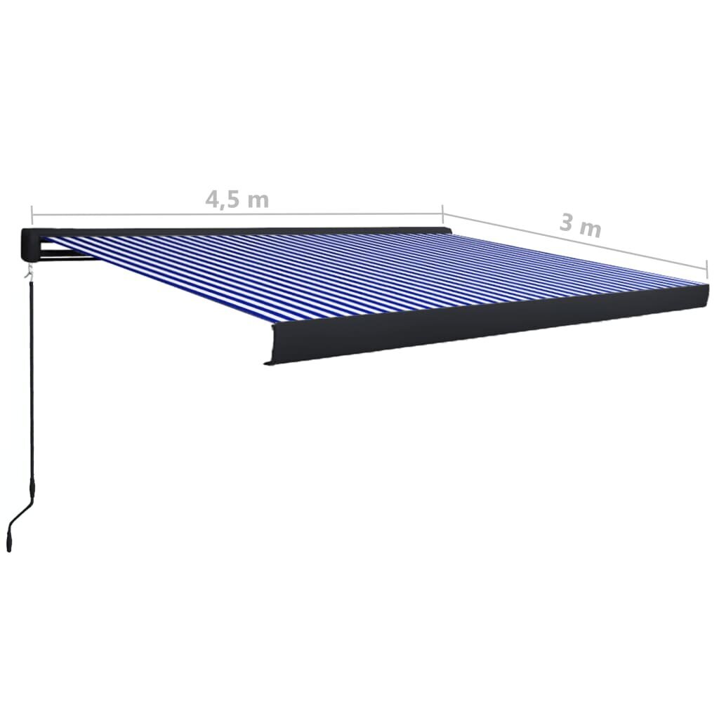 vidaXL Manuaalinen kasettimarkiisi 450x300 cm sininen ja valkoinen hinta ja tiedot | Aurinkovarjot ja markiisit | hobbyhall.fi