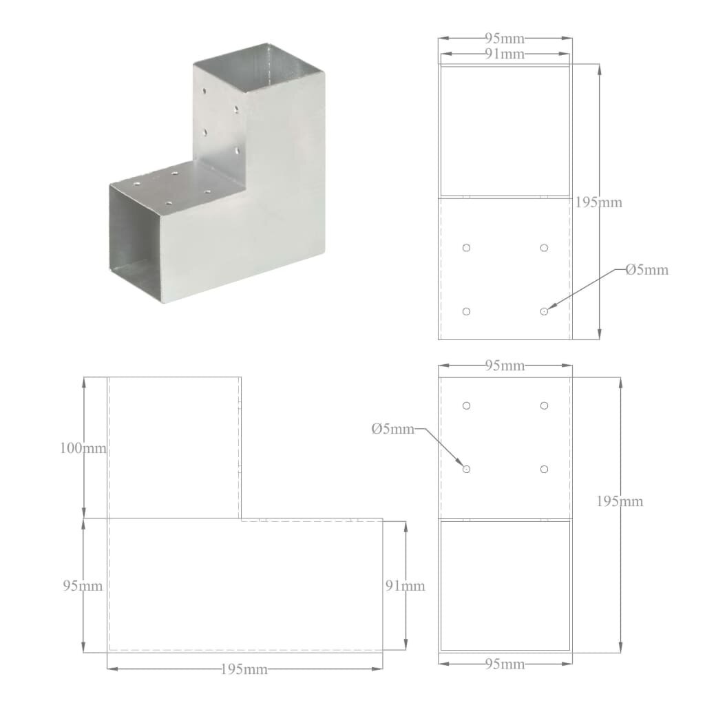 vidaXL Tolppaliittimet 4 kpl L-muoto galvanoitu metalli 91x91 mm hinta ja tiedot | Aidat ja tarvikkeet | hobbyhall.fi