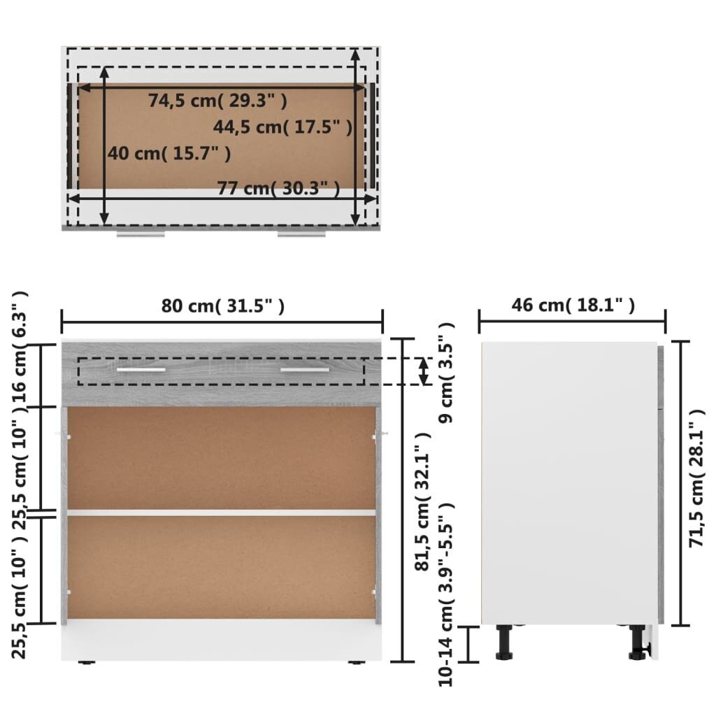 vidaXL Alakaappi laatikolla harmaa Sonoma 80x46x81,5 cm tekninen puu hinta ja tiedot | Keittiön kaapit | hobbyhall.fi