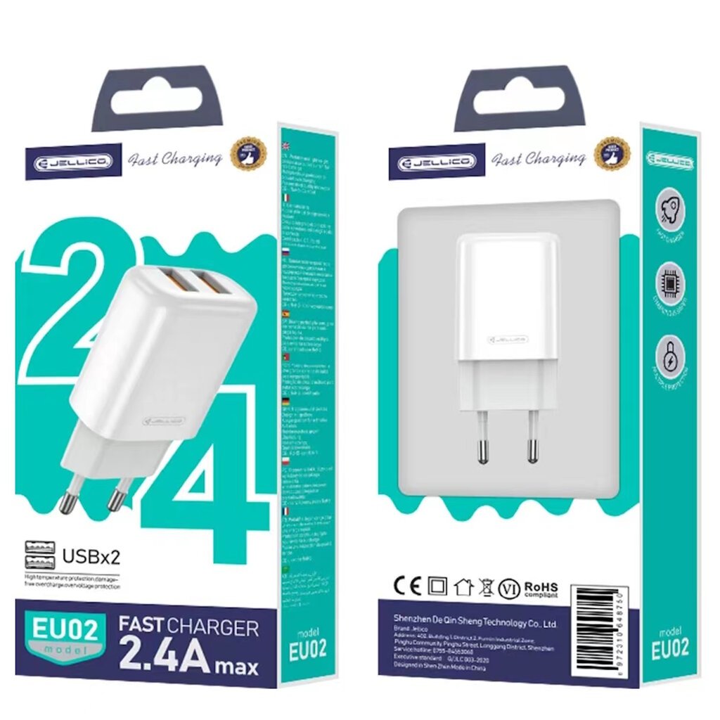 Laturi Jellico EU02 12W 2x USB 2.4A plug-in fast charger universal kaikille mobiililaitteille, valkoinen hinta ja tiedot | Puhelimen laturit | hobbyhall.fi