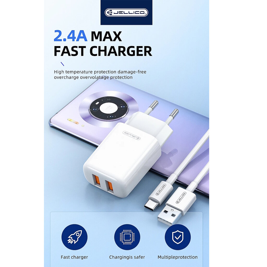 Laturi Jellico EU02 12W 2x USB 2.4A plug-in fast charger universal kaikille mobiililaitteille, valkoinen hinta ja tiedot | Puhelimen laturit | hobbyhall.fi