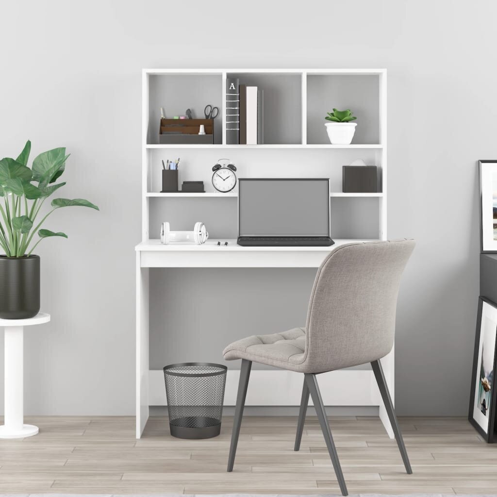 vidaXL Työpöytä hyllyillä korkeakiilto valk 102x45x148 cm tekninen puu hinta ja tiedot | Tietokonepöydät ja työpöydät | hobbyhall.fi