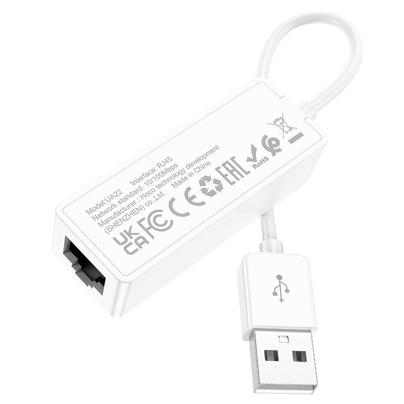 Adapteri Hoco UA22 USB-A kiinni RJ45 100 Mbp valkoinen hinta ja tiedot | Adapterit | hobbyhall.fi