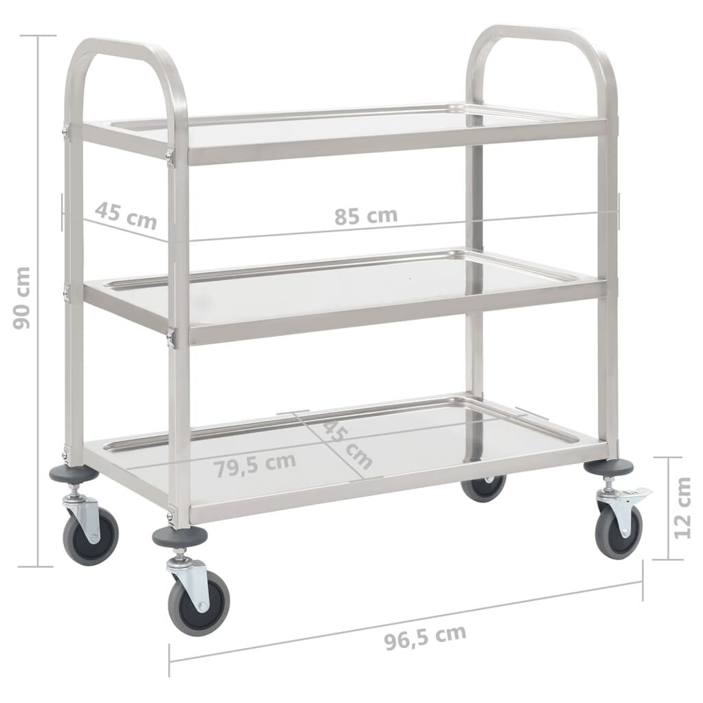 vidaXL 3-tasoinen tarjoiluvaunu 96,5x55x90 cm ruostumaton teräs hinta ja tiedot | Ruokapöydät | hobbyhall.fi