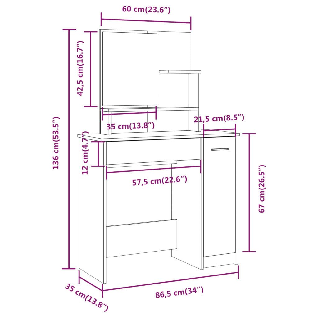 VidaXL Peilipöytäsarja Sonoma-tammi 86,5x35x136 cm hinta ja tiedot | Peilipöydät | hobbyhall.fi