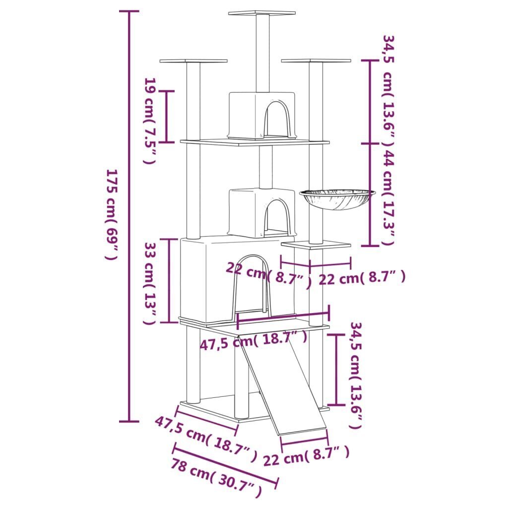 vidaXL Kissan kiipeilypuu sisal- raapimispylväillä kerma 175 cm hinta ja tiedot | Raapimispuut ja kiipeilypuut | hobbyhall.fi