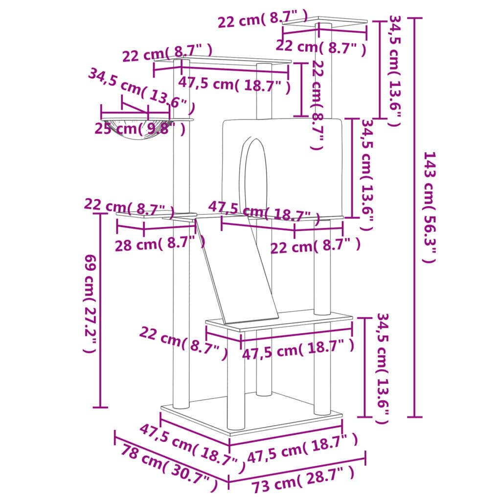 vidaXL Kissan kiipeilyteline sisal-raapimispuilla tummanharmaa 143 cm hinta ja tiedot | Raapimispuut ja kiipeilypuut | hobbyhall.fi